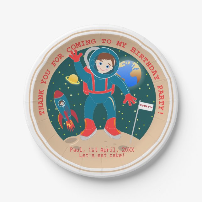 Prato De Papel Criança astronauta na festa de aniversário da lua (Frente)