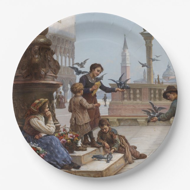 Prato De Papel Crianças alimentando pombos em Veneza (por Paolett (Frente)