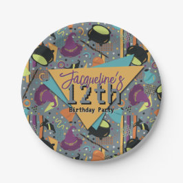 Prato De Papel Crianças Cinza Retro Witchy Halloween Aniversário