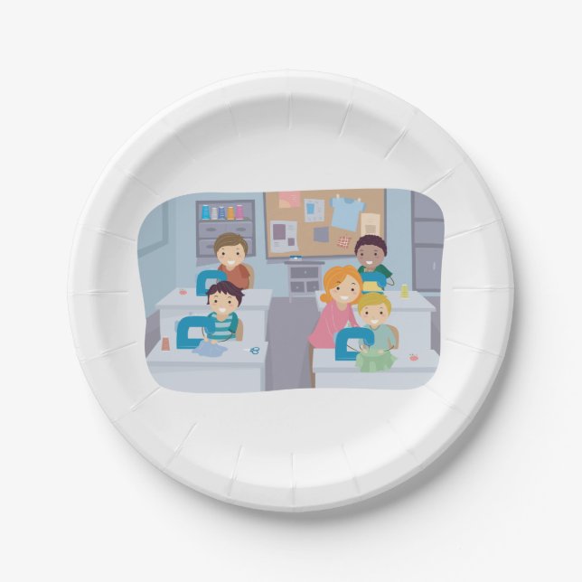 Prato De Papel Crianças Costurando Classe Divertimento Arranjo e  (Frente)