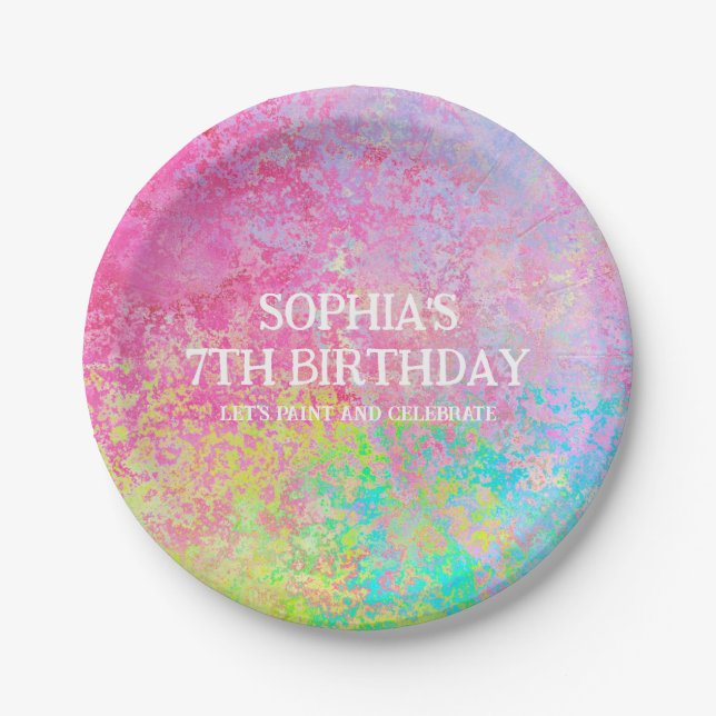 Prato De Papel Crianças do Arte do Paint Splatter do Arco-Íris (Frente)