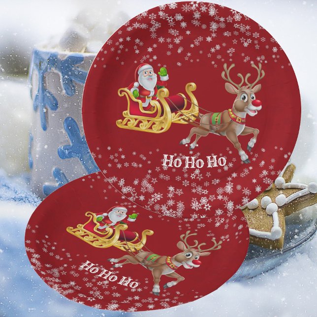 Prato De Papel Crianças Papais noeis Reindeer de Natal Sleigh Sno (Kids Santa Christmas Reindeer Sleigh Snowflake Red Paper Plates)