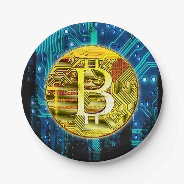 Prato De Papel Criptomoeda Bitcoin e Placa de Circuito (Frente)