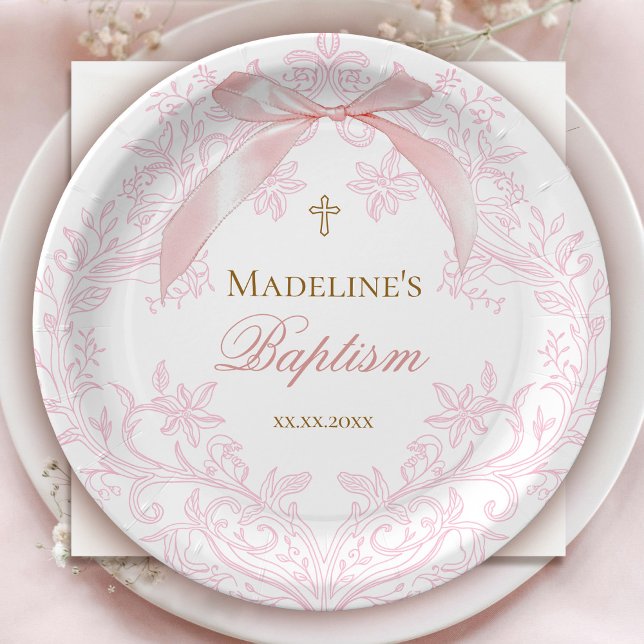 Prato De Papel crista cor-de-água rosa | Batismo (Criador carregado)