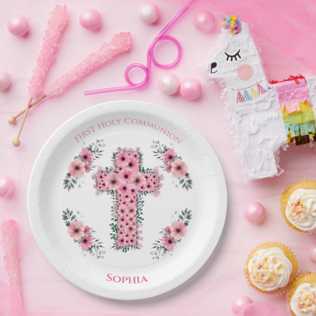 Prato De Papel Cross Chic First Santa Comunista Rapariga Rosa (Festa)