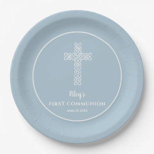 Prato De Papel Cross on Steel Blue Commune Baptism Christening