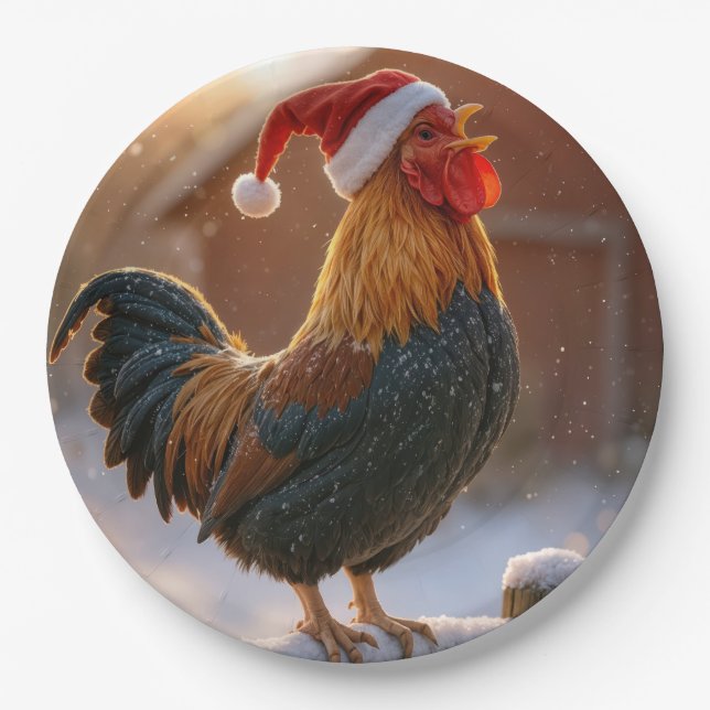 Prato De Papel Crowing Christmas Rooster Wearing a Santa Hat (Frente)