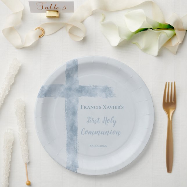 Prato De Papel cruz azul aquarela Primeira Comunhão (Casamento)