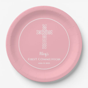Prato De Papel Cruz  Baby Pink Communion Baptism Christening