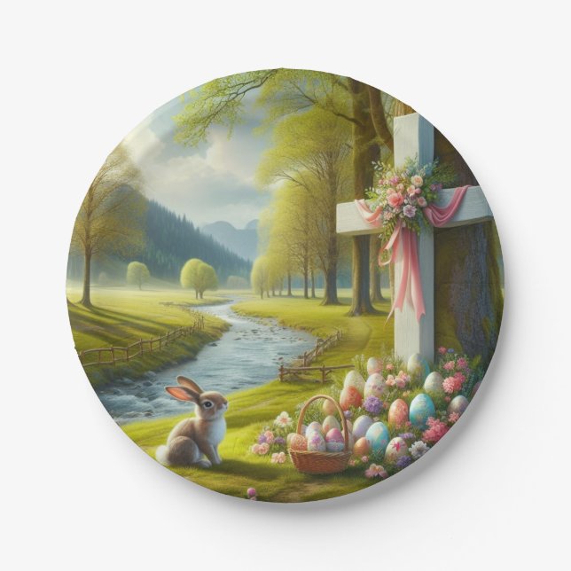 Prato De Papel cruz de páscoa com coelho e ovos (Frente)