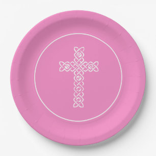 Prato De Papel Cruz Taff Pink Communion Baptism Christening