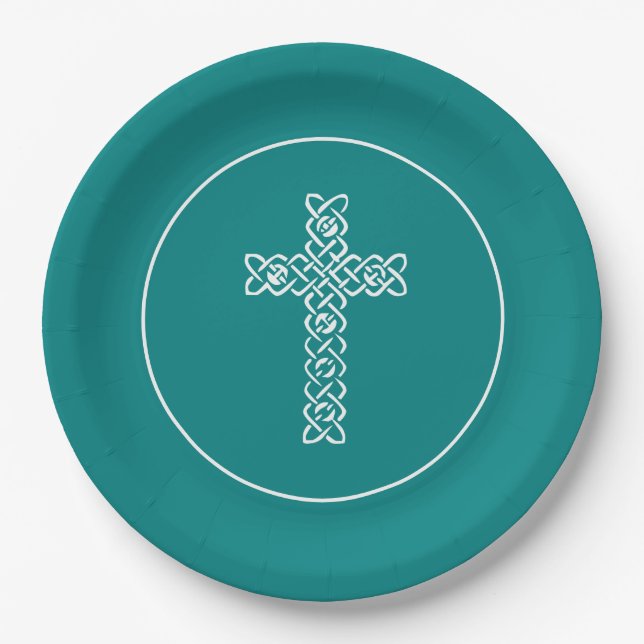 Prato De Papel Cruzamento | Teal Blue Communtion Baptism Christen (Frente)