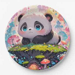 Prato De Papel Cubo Panda Bonito em Floresta de Cogumelos
