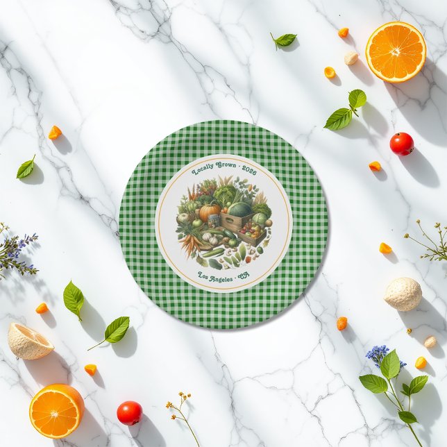 Prato De Papel Cultivado localmente - Colheita do Mercado de Ging (Locally Grown - Gingham Market Harvest Birthday Paper Plates)