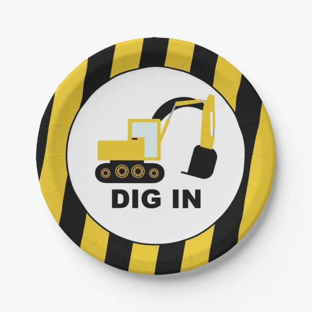 Prato De Papel Cumpleaños infantil excavadoras Dig In (Frente)