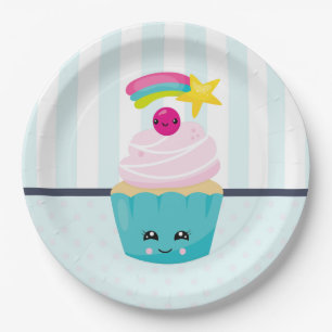 Prato De Papel Cupcake azul-bonito com a face Kawaii
