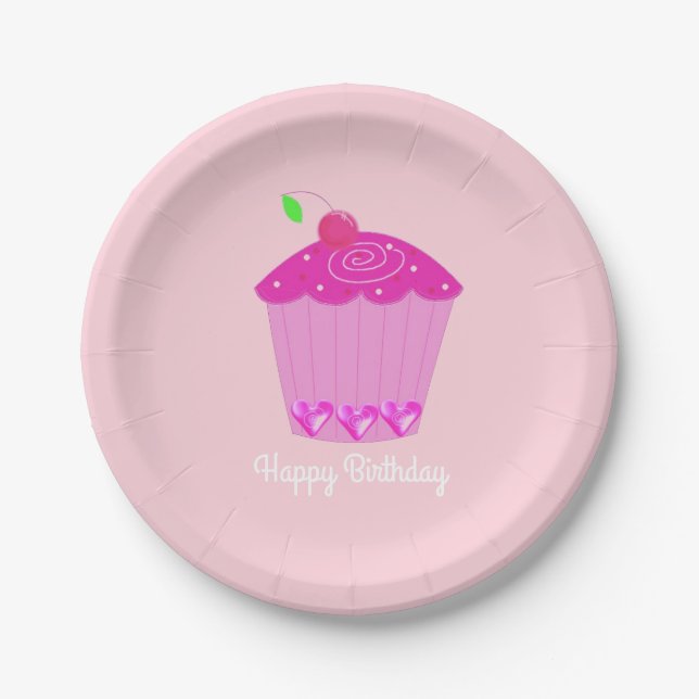 Prato De Papel Cupcake Cereja Rosa (Frente)