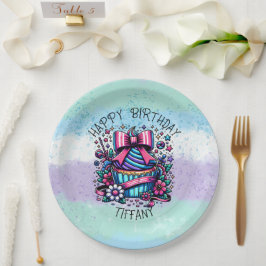 Prato De Papel Cupcake de aniversário personalizado