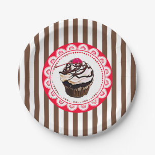 Prato De Papel Cupcake de chocolate com placas de papel de cereja