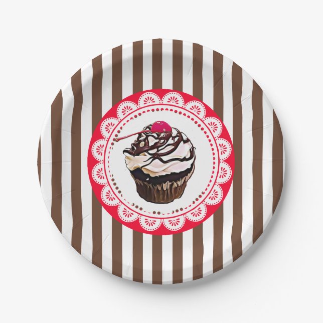 Prato De Papel Cupcake de chocolate com placas de papel de cereja (Frente)