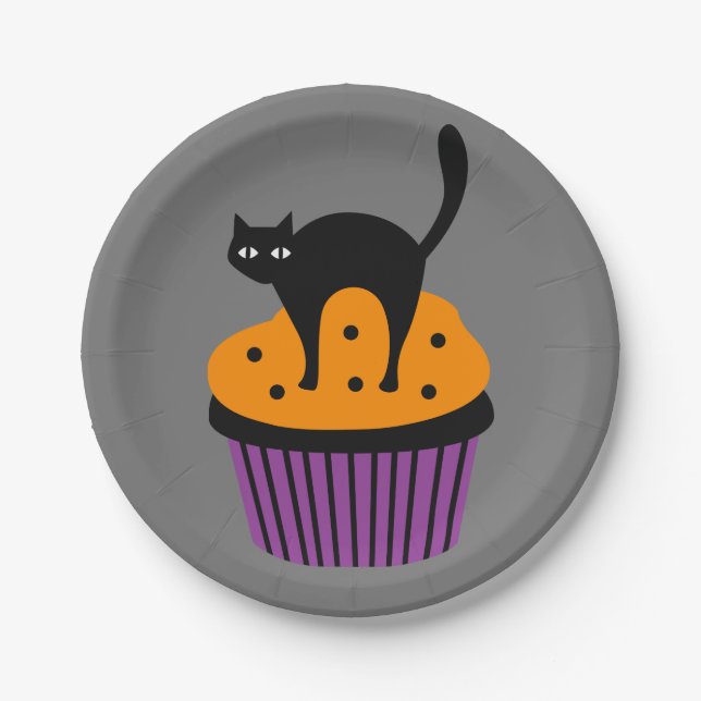 Prato De Papel Cupcake de gato Halloween (Frente)