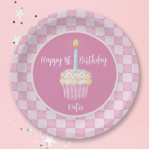 Prato De Papel Cupcake de primeiro aniversario feliz