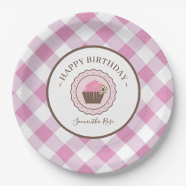 Prato De Papel Cupcake e CHURRASCO de Gingham Rosa