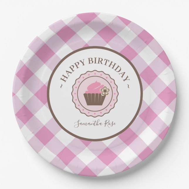 Prato De Papel Cupcake e CHURRASCO de Gingham Rosa (Frente)
