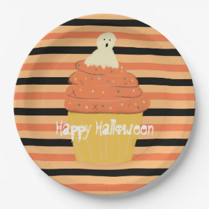 Prato De Papel Cupcake Fantasma Bonito Halloween Laranja Stripes 