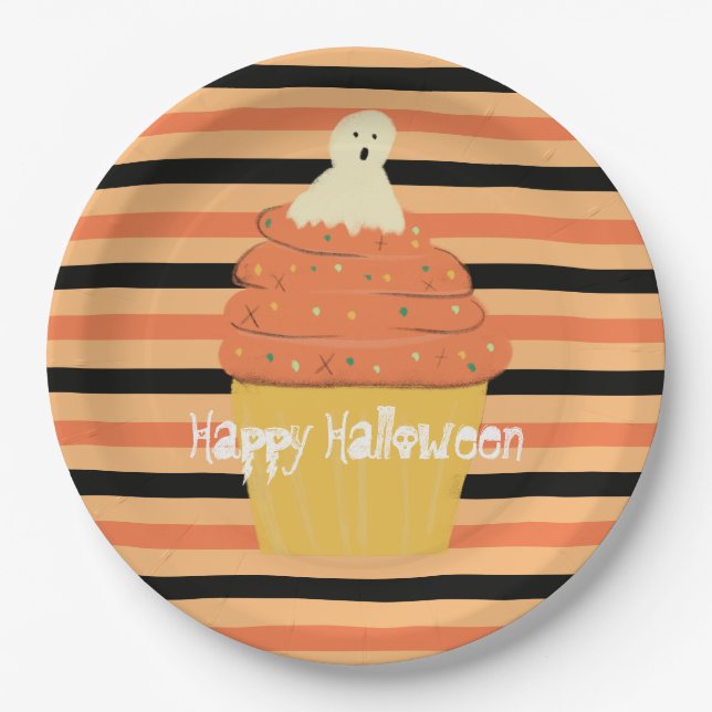 Prato De Papel Cupcake Fantasma Bonito Halloween Laranja Stripes  (Frente)