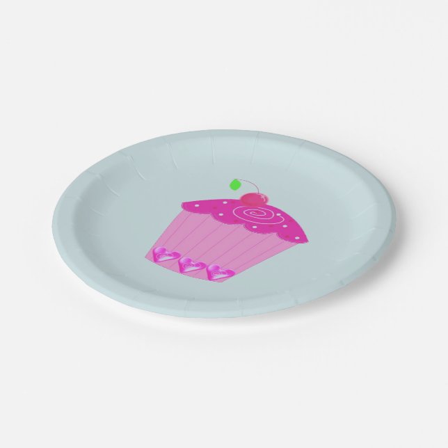 Prato De Papel Cupcake Rosa com uma Cereja em Cima (Inclinado)