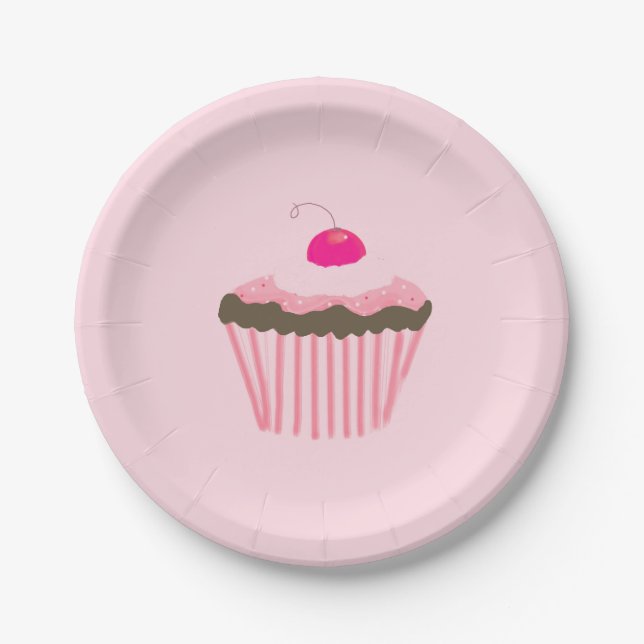 Prato De Papel Cupcake rosa com uma cereja no topo (Frente)
