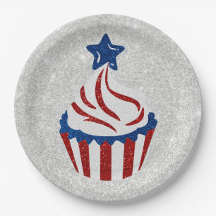 Prato De Papel Cupcake vermelho, branco e azul 4 de julho Glitter