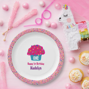 Prato De Papel Cupcakes com Glacê e Design de Bolinhas Coloridas