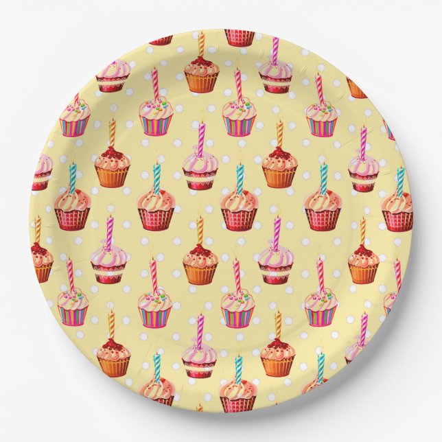 Prato De Papel Cupcakes de Aniversário e Bolinhas (Frente)