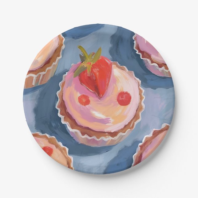 Prato De Papel Cupcakes de Morango | Aquarela de Frutas Comemorat (Frente)