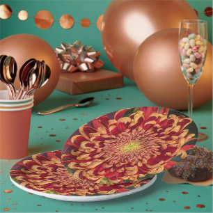 Prato De Papel Curva Vermelha e Amarela Chrysanthemum Floral