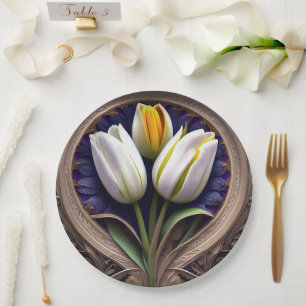 Prato De Papel Curvas Graciosas: Tulipa Branca na Design Art Nouv
