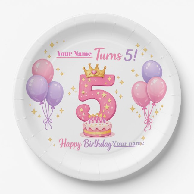 Prato De Papel Custom Birthday Plates for Kids - 5th Birthday (Frente)