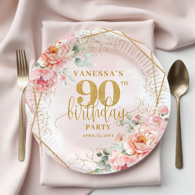Prato De Papel Custom Blush Floral Gold Glitter 90th Birthday  (Custom Blush Floral Gold Glitter 90th Birthday Plates)