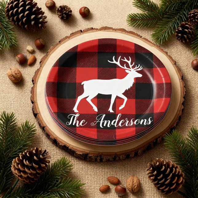 Prato De Papel Custom Buffalo Plaid Deer Christmas Party Plates  (Criador carregado)
