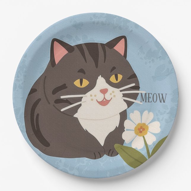 Prato De Papel Custom Charming Cute Gray Cat & Chamomile FLower (Frente)