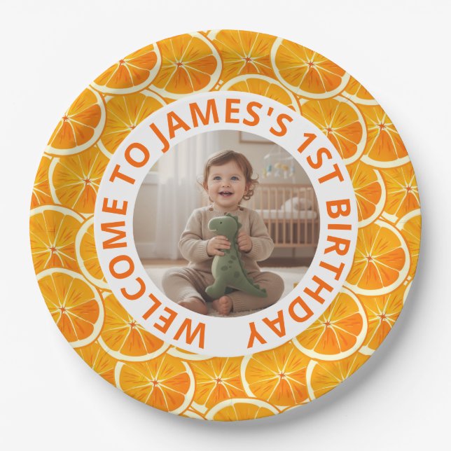 Prato De Papel Custom First Birthday Paper Plates with Photo (Frente)