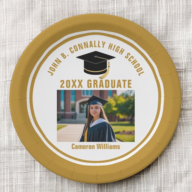 Prato De Papel Custom Gold Graduate Photo 2026 Graduation Party (Criador carregado)