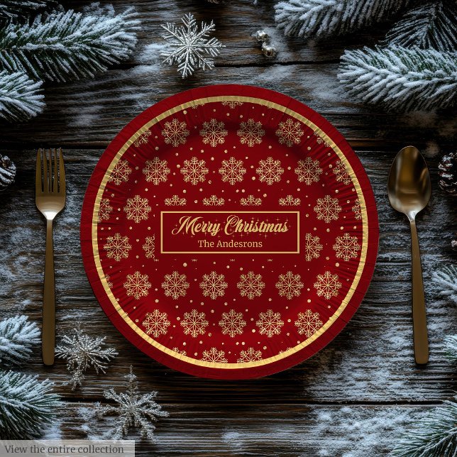 Prato De Papel Custom Holiday Paper Plates Red Gold Monogram (Custom Holiday Paper Plates Red Gold Monogram)