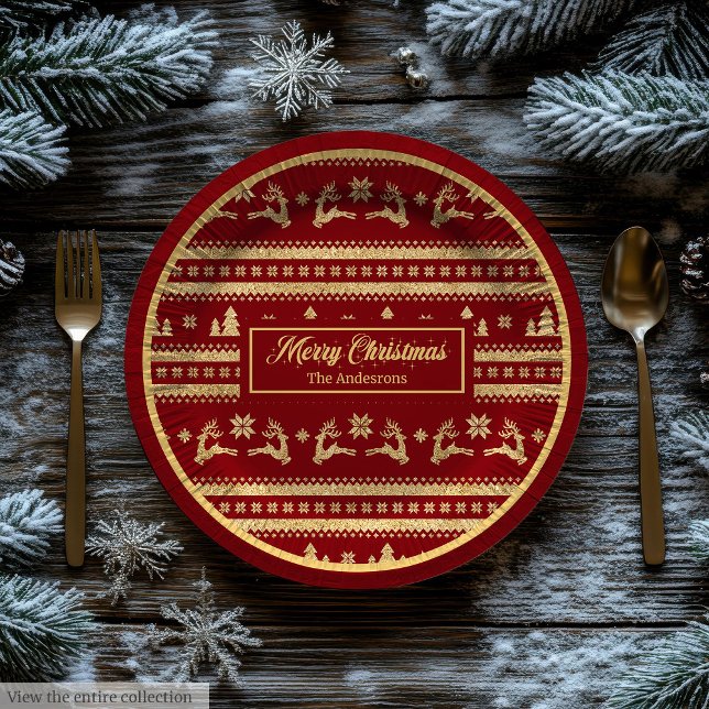 Prato De Papel Custom Name Christmas Paper Plates Luxe Red Gold (Custom Name Christmas Paper Plates Luxe Red Gold)