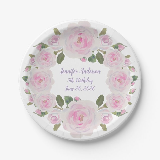 Prato De Papel Custom Name, Text, Pink Roses Paper Plate Party (Frente)