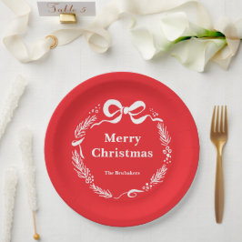 Prato De Papel Custom Red Modern Hand Drawn Bow Merry Christmas