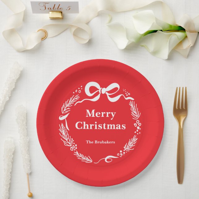 Prato De Papel Custom Red Modern Hand Drawn Bow Merry Christmas (Casamento)
