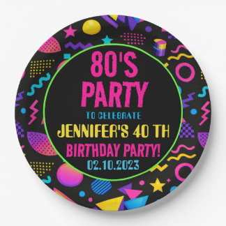 Prato De Papel Custom Retro Neon 80’s Birthday – Fun Adult 